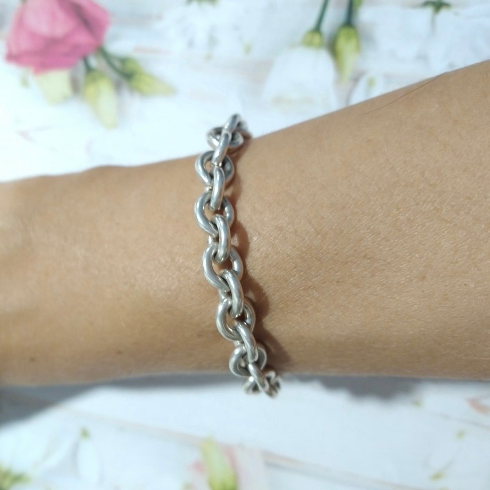 Designer 925 sterling silver cable chain bracelet large Heart charm 7''L signed - Picture 2 of 13
